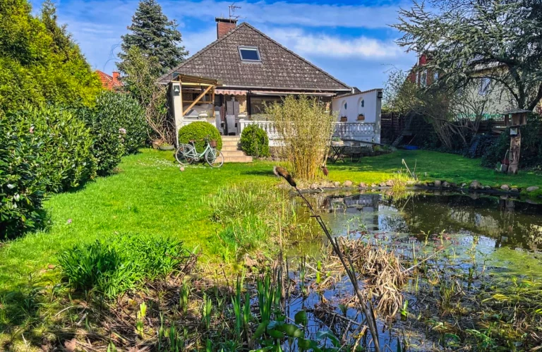 Rückansicht eines gemütlichen Hauses mit einem idyllischen Teich.